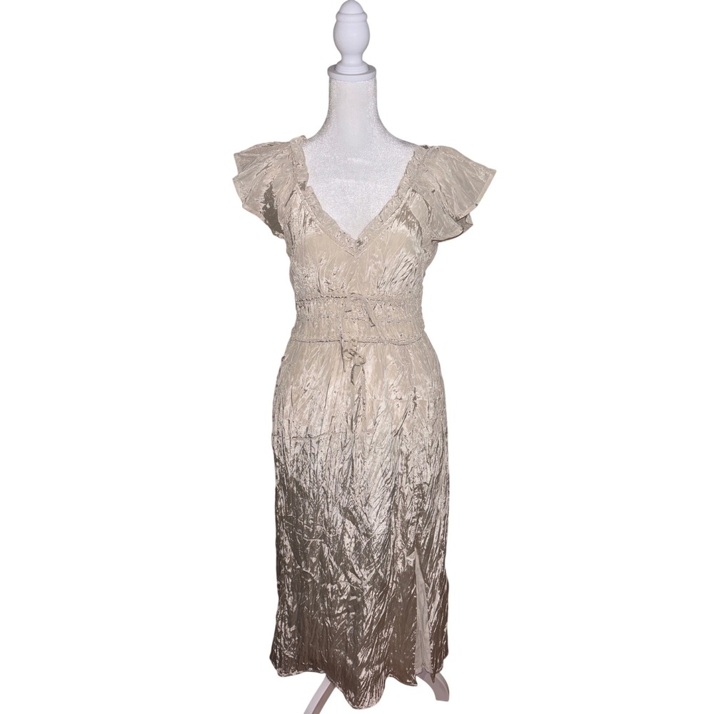 J.Crew Crinkled Satin Midi‎ Dress Womens SP Champagne New Flutter Sleeve Smocked